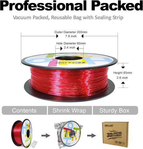 HEllO3D TPU Filament 1.75mm Flexible 3D Printer Filament,95A Soft 3D Printer Filament,TPU Elastomer 3D Filament,Vacuum Packed,Dimensional Accuracy +/- 0.05mm,800g Spool (1.76 lbs)(Transparent Red) in Saudi Arabia