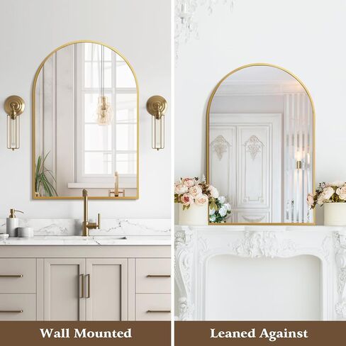 مرآة حائط مقوسة مقاس 20 × 30 بوصة، مرآة مثبتة على الحائط على شكل قوس ذهبي للحمام، مرآة بإطار معدني ذهبي حديث لغرفة النوم in Kuwait