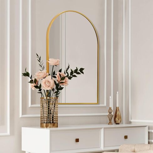 مرآة حائط مقوسة مقاس 20 × 30 بوصة، مرآة مثبتة على الحائط على شكل قوس ذهبي للحمام، مرآة بإطار معدني ذهبي حديث لغرفة النوم in Kuwait