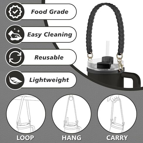 مقبض زجاجة مياه لكوب ستانلي - حامل بهلوان زجاجة مياه من السيليكون الناعم مزود بحزام - يناسب معظم زجاجات المياه بسعة 8-40 أونصة - متوافق مع ملحقات كأس ستانلي (أسود) in Kuwait