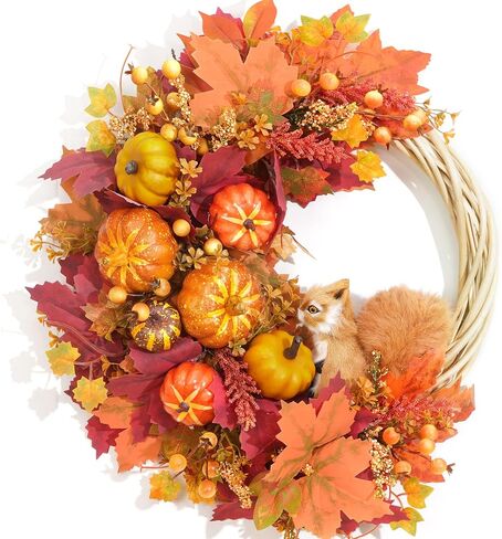 Fall Wreath Decor, Fall Wreaths for Front Door with Lifelike Squirrel, Pumpkins Berries & Maple leaves, 18" Autumn Fall Door Wreath Fall Wreaths for Front Door Outside Thanksgiving Home Decor in Saudi Arabia