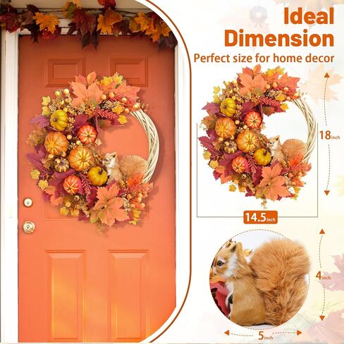 Fall Wreath Decor, Fall Wreaths for Front Door with Lifelike Squirrel, Pumpkins Berries & Maple leaves, 18" Autumn Fall Door Wreath Fall Wreaths for Front Door Outside Thanksgiving Home Decor in Saudi Arabia