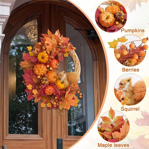 Fall Wreath Decor, Fall Wreaths for Front Door with Lifelike Squirrel, Pumpkins Berries & Maple leaves, 18" Autumn Fall Door Wreath Fall Wreaths for Front Door Outside Thanksgiving Home Decor in Saudi Arabia