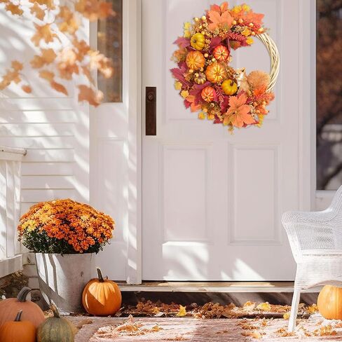 Fall Wreath Decor, Fall Wreaths for Front Door with Lifelike Squirrel, Pumpkins Berries & Maple leaves, 18" Autumn Fall Door Wreath Fall Wreaths for Front Door Outside Thanksgiving Home Decor in Saudi Arabia