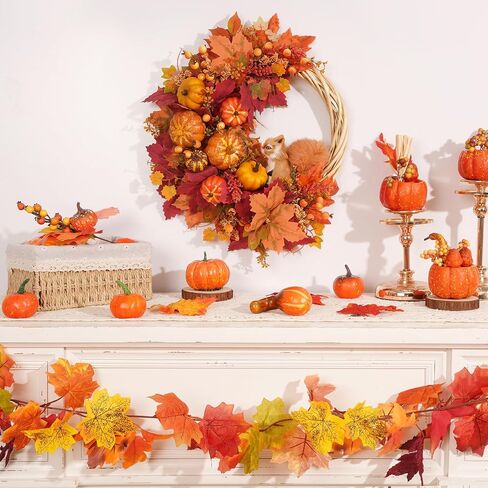 Fall Wreath Decor, Fall Wreaths for Front Door with Lifelike Squirrel, Pumpkins Berries & Maple leaves, 18" Autumn Fall Door Wreath Fall Wreaths for Front Door Outside Thanksgiving Home Decor in Saudi Arabia