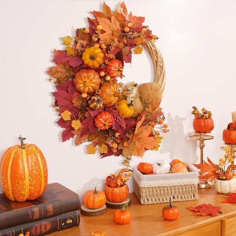 Fall Wreath Decor, Fall Wreaths for Front Door with Lifelike Squirrel, Pumpkins Berries & Maple leaves, 18" Autumn Fall Door Wreath Fall Wreaths for Front Door Outside Thanksgiving Home Decor in Saudi Arabia