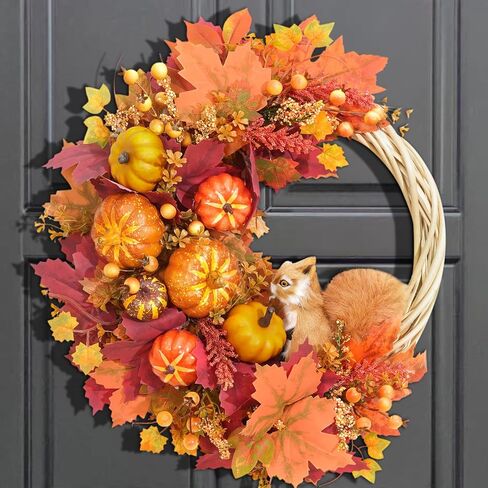 Fall Wreath Decor, Fall Wreaths for Front Door with Lifelike Squirrel, Pumpkins Berries & Maple leaves, 18" Autumn Fall Door Wreath Fall Wreaths for Front Door Outside Thanksgiving Home Decor in Saudi Arabia