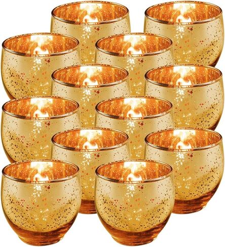 حامل شموع شموع صغيرة من الزجاج الزئبقي من Royal Imports، ديكور أنيق على شكل فقاعات دائرية، توهج مرقط دائري غير مملوء لحفلات الزفاف، ذهبي، مجموعة من 12 قطعة in Kuwait