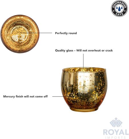 حامل شموع شموع صغيرة من الزجاج الزئبقي من Royal Imports، ديكور أنيق على شكل فقاعات دائرية، توهج مرقط دائري غير مملوء لحفلات الزفاف، ذهبي، مجموعة من 12 قطعة in Kuwait