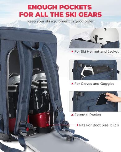 KEMIMOTO Ski Boot Bag 60L, Padded Ski Bags for Air Travel, Waterproof Snowboard Boot Bag & Helmet Backpack with 4 Breathable Copper Holes, Snow Gear Bag for Skiing Equipment in Saudi Arabia