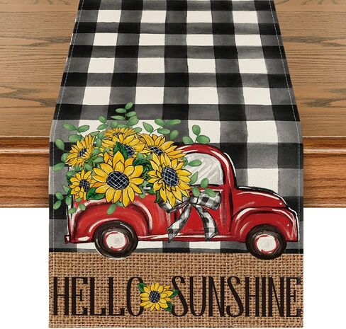 Artoid Mode Buffalo Plaid Sunflower Red Truck Sunshine Summer Table Runner, Spring Seasonal Anniversary Holiday Kitchen Dining Table Decoration for Indoor Outdoor Home Party Decor 13 x 108 Inch in Saudi Arabia