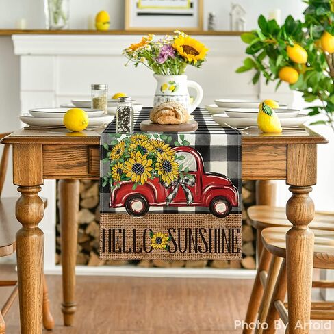 Artoid Mode Buffalo Plaid Sunflower Red Truck Sunshine Summer Table Runner, Spring Seasonal Anniversary Holiday Kitchen Dining Table Decoration for Indoor Outdoor Home Party Decor 13 x 108 Inch in Saudi Arabia