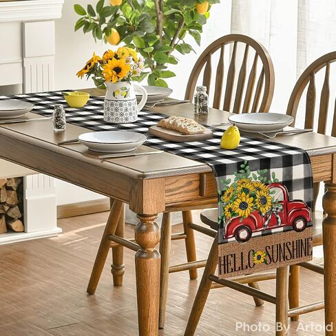 Artoid Mode Buffalo Plaid Sunflower Red Truck Sunshine Summer Table Runner, Spring Seasonal Anniversary Holiday Kitchen Dining Table Decoration for Indoor Outdoor Home Party Decor 13 x 108 Inch in Saudi Arabia