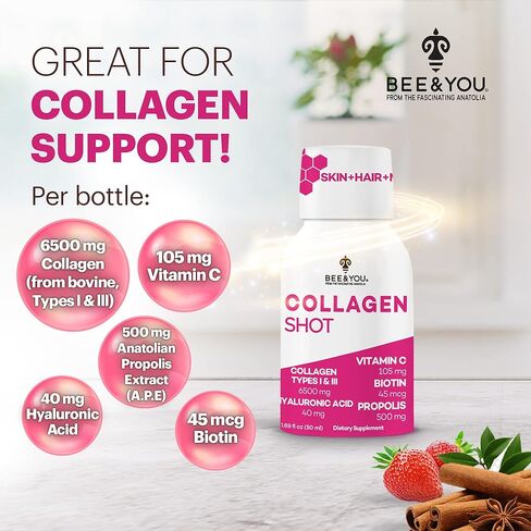 مشروب الكولاجين السائل من BEE and You مع فيتامين C، ومستخلص البروبوليس، وحمض الهيالورونيك، والبيوتين، ويعزز صحة البشرة والشعر والأظافر والمفاصل، 1.69 أونصة سائلة. أوقية × 12 حزمة in Kuwait
