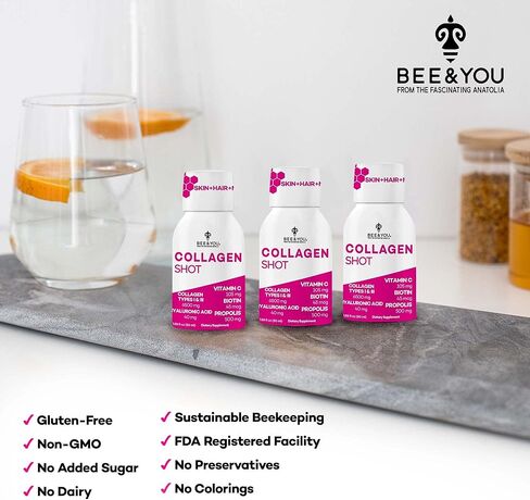 مشروب الكولاجين السائل من BEE and You مع فيتامين C، ومستخلص البروبوليس، وحمض الهيالورونيك، والبيوتين، ويعزز صحة البشرة والشعر والأظافر والمفاصل، 1.69 أونصة سائلة. أوقية × 12 حزمة in Kuwait
