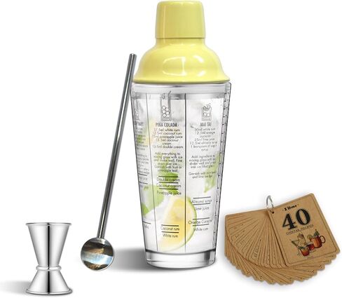 Glass-Cocktail-Shaker-Kit, 14oz Martini Shaker Printed with 6 Drink Recipes, Jigger, Mixing Spoon, Recipe Book, Best Gift for Beginner, Women and Bartenders in Saudi Arabia