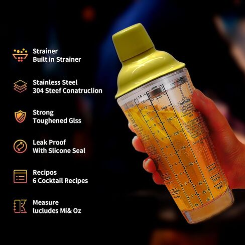 Glass-Cocktail-Shaker-Kit, 14oz Martini Shaker Printed with 6 Drink Recipes, Jigger, Mixing Spoon, Recipe Book, Best Gift for Beginner, Women and Bartenders in Saudi Arabia