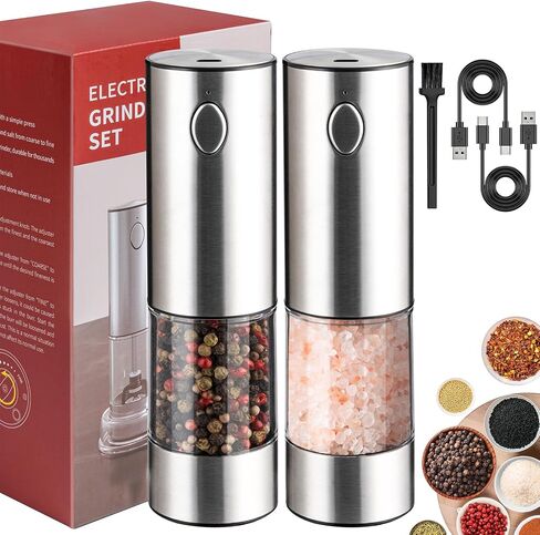2 Pack Electric Salt and Pepper Grinder Set - USB Rechargeable Automatic Salt Pepper Mill Shaker with LED Light, Adjustable Coarseness, One Hand Operation in Saudi Arabia