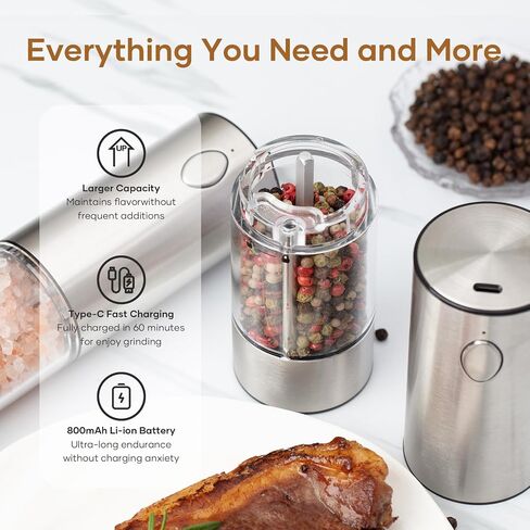 2 Pack Electric Salt and Pepper Grinder Set - USB Rechargeable Automatic Salt Pepper Mill Shaker with LED Light, Adjustable Coarseness, One Hand Operation in Saudi Arabia