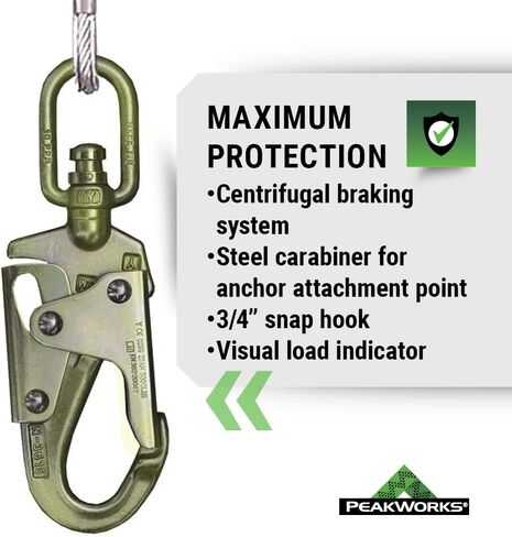 Peakworks Fall Protection Dual Self Retracting Lifeline (SRL) with Webbing, 2 Rebar/Form Hooks, 6 ft. Length, Black/Green, V845526006LE in Saudi Arabia