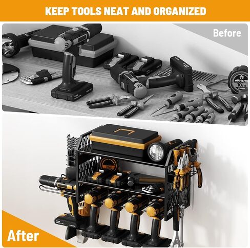VOPEAK Power Tool Organizer, Drill Holder Wall Mount, Power Tool Storage Rack with 6 Drill Slots, Removable Design, Heavy Duty Metal, Cordless Tool Storage Rack for Garage, Workshop, Warehouse Black in Saudi Arabia