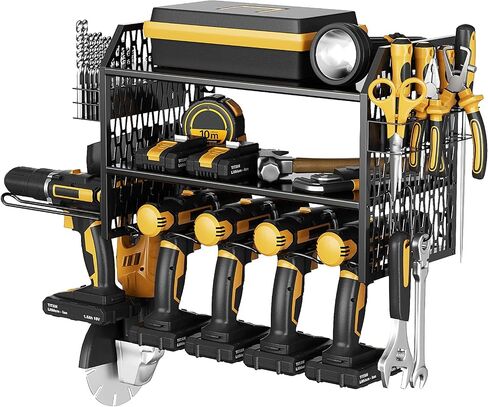 VOPEAK Power Tool Organizer, Drill Holder Wall Mount, Power Tool Storage Rack with 6 Drill Slots, Removable Design, Heavy Duty Metal, Cordless Tool Storage Rack for Garage, Workshop, Warehouse Black in Saudi Arabia