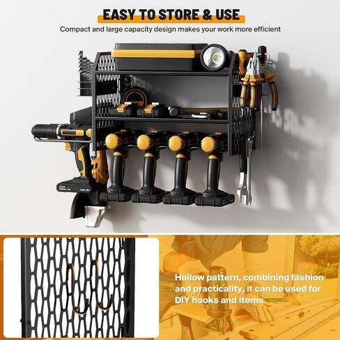 VOPEAK Power Tool Organizer, Drill Holder Wall Mount, Power Tool Storage Rack with 6 Drill Slots, Removable Design, Heavy Duty Metal, Cordless Tool Storage Rack for Garage, Workshop, Warehouse Black in Saudi Arabia