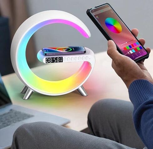 LED Wireless Charger Ambience Light, Multifunctional Table Lamp Alarm Clock Bedside Night Light Smart Bluetooth Audio Lamp Suitable for Bedroom Home Decoration (White) in Saudi Arabia