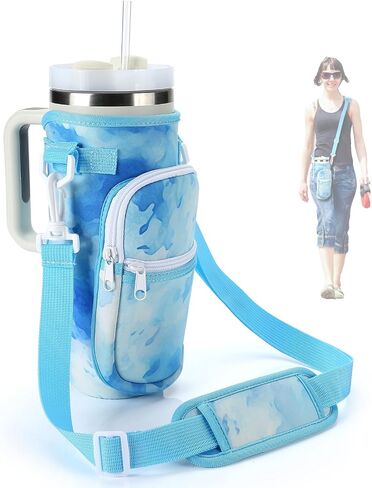 TMEOIIPY Water Bottle Holder with Strap & Pockets for Stanley Quencher 40oz Tumbler with Handle, Water Bottle Carrier Bag with Adjustable Shoulder Strap for Walking Hiking Travelling Camping in Saudi Arabia