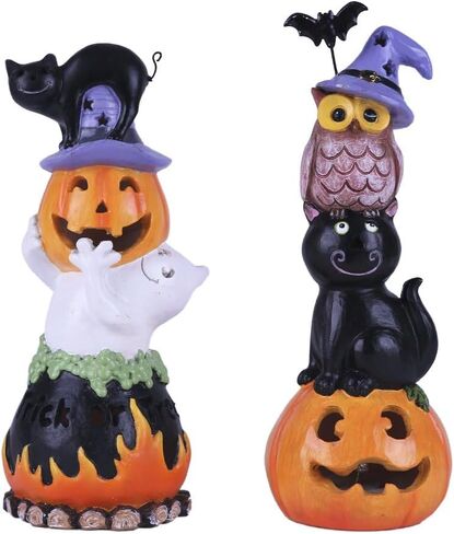 Valery Madelyn Happy Halloween Decorations Pumpkin Figurines with LED Lights, Set of 2 Resin Halloween Statue for Indoor Haunted House Halloween Party Decoration, 8 Inch Tall in Saudi Arabia