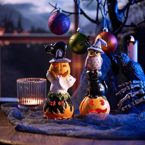 Valery Madelyn Happy Halloween Decorations Pumpkin Figurines with LED Lights, Set of 2 Resin Halloween Statue for Indoor Haunted House Halloween Party Decoration, 8 Inch Tall in Saudi Arabia