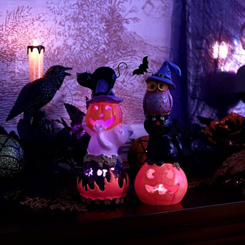 Valery Madelyn Happy Halloween Decorations Pumpkin Figurines with LED Lights, Set of 2 Resin Halloween Statue for Indoor Haunted House Halloween Party Decoration, 8 Inch Tall in Saudi Arabia