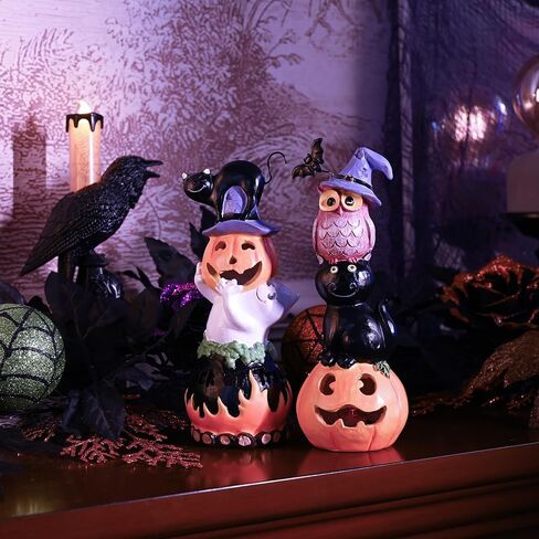 Valery Madelyn Happy Halloween Decorations Pumpkin Figurines with LED Lights, Set of 2 Resin Halloween Statue for Indoor Haunted House Halloween Party Decoration, 8 Inch Tall in Saudi Arabia