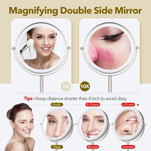 مرآة مكياج قابلة لإعادة الشحن مقاس 8 بوصات لسطح المكتب مع إضاءة، 3 ألوان 1X/10X مرآة مكياج بإضاءة طاولة مع شاشة تعمل باللمس تدور 360 درجة، مرآة مكبرة لمستحضرات التجميل بإضاءة LED قابلة للتعتيم من النيكل المصقول in Kuwait