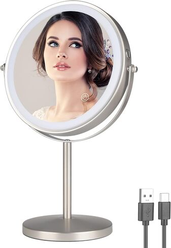 Rechargeable 8 inch Desktop Vanity Mirror with Light,3 Colors 1X/10X Table Lighted Makeup Mirror with 360° Rotation Touch Screen,LED Dimmable Desk Lit Cosmetic magnifying Mirror Brushed Nickel in Saudi Arabia