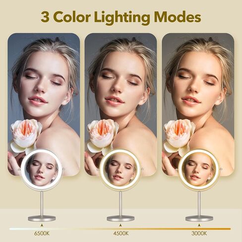 مرآة مكياج قابلة لإعادة الشحن مقاس 8 بوصات لسطح المكتب مع إضاءة، 3 ألوان 1X/10X مرآة مكياج بإضاءة طاولة مع شاشة تعمل باللمس تدور 360 درجة، مرآة مكبرة لمستحضرات التجميل بإضاءة LED قابلة للتعتيم من النيكل المصقول in Kuwait