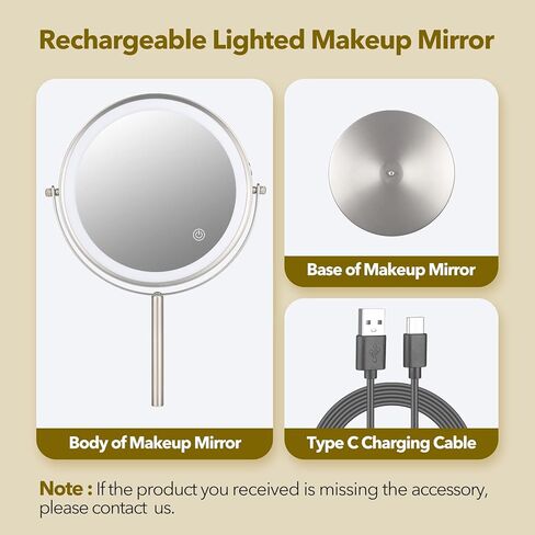 Rechargeable 8 inch Desktop Vanity Mirror with Light,3 Colors 1X/10X Table Lighted Makeup Mirror with 360° Rotation Touch Screen,LED Dimmable Desk Lit Cosmetic magnifying Mirror Brushed Nickel in Saudi Arabia