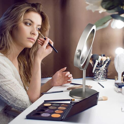 مرآة مكياج قابلة لإعادة الشحن مقاس 8 بوصات لسطح المكتب مع إضاءة، 3 ألوان 1X/10X مرآة مكياج بإضاءة طاولة مع شاشة تعمل باللمس تدور 360 درجة، مرآة مكبرة لمستحضرات التجميل بإضاءة LED قابلة للتعتيم من النيكل المصقول in Kuwait