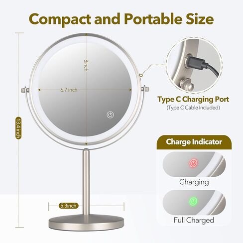 Rechargeable 8 inch Desktop Vanity Mirror with Light,3 Colors 1X/10X Table Lighted Makeup Mirror with 360° Rotation Touch Screen,LED Dimmable Desk Lit Cosmetic magnifying Mirror Brushed Nickel in Saudi Arabia