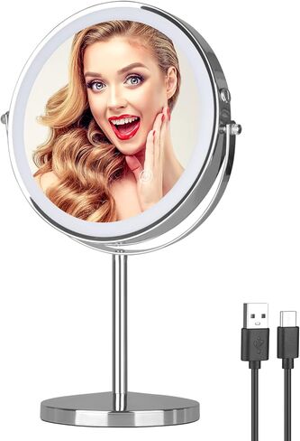 Rechargeable 8 inch Desktop Vanity Mirror with Light,3 Colors 1X/10X Table Lighted Makeup Mirror with 360° Rotation Touch Screen,LED Dimmable Desk Lit Cosmetic magnifying Mirror Brushed Nickel in Saudi Arabia
