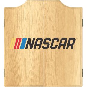 Dart Board Cabinet Set - NASCAR Logo Dart Board with 6 Steel Tip Darts, Scoreboard, Hanging Wood Cupboard by Trademark Gameroom