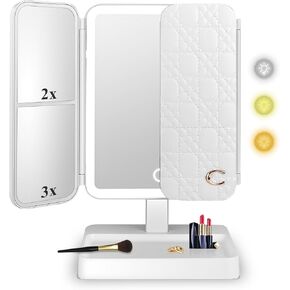 Vanity Mirror with Light, 2X 3X Magnification Touch Control Trifold 3 Colors Light Rechargable 83 Beads LED Makeup Mirror Women Gift (White)