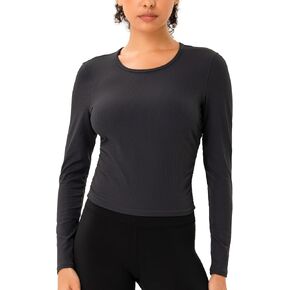 YUNOGA Women's Long Sleeve Athletic T-Shirts Workout Crew Neck Slim Fit Ribbed Yoga Crop Tops