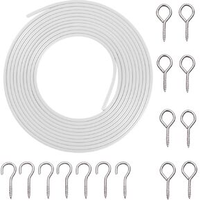 Curtain Wire Plastic Coated Window Curtain Wire, Picture Hanging Wire with 8 Pairs of Screw Eyes and Hooks(6 Meter White)