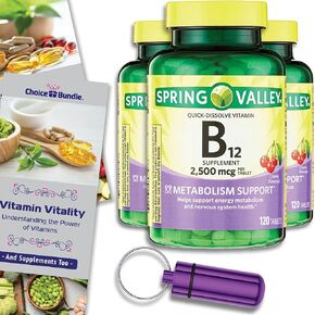 Spring Valley Vitamin B12 Quick Dissolve Tablets Dietary Supplement 2,500 Mcg Cherry Flavor 120 Ct Choice Bundle - Plus “Vitamin Vitality" Guide & Pill Container (3 Items)!
