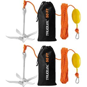 2PCSKayak Anchor,Jet Ski Anchor, Paddle Board Anchor, Small Boat Accessories, PWC Anchor, 3.5 LBS Jetski and Canoe Anchors Kit with 40ft/50ft/60ft Reflective Rope