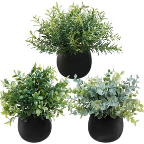 Winlyn Set of 3 Small Potted Faux Plants 8" Artificial Eucalyptus Rosemary Boxwood Plants in Black Concrete Pot Desk Plants for Home Office Bathroom Kitchen Counter Shelf Coffee Table Windowsill Décor