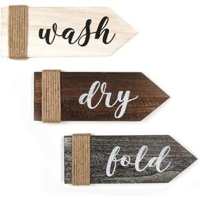 J JACKCUBE DESIGN Laundry Room Décor Home Vintage Wall Art Set of 3 Rustic Wooden Decorative Wash Dry Fold Laundary Wall Décor Signs with Twine -MK902A