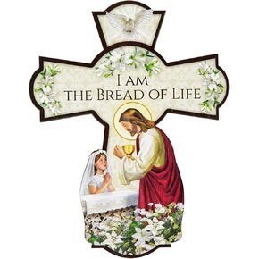Needzo First Communion Hanging Cross, Wall Decoration for Bedroom, Catholic Gifts for Girls and Eucharist Keepsake, 6 Inches