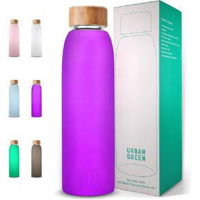 Urban Green Glass Water Bottle with Protective Silicone Sleeve and Bamboo Lid, 18oz, 1extra 304 Stainless Steel Lid with Handle, BPA Free, Dishwasher Safe, Gift Box, Mother's Day Gift